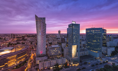Warsaw Downtown, Poland. Sunset behind the skyscrapers