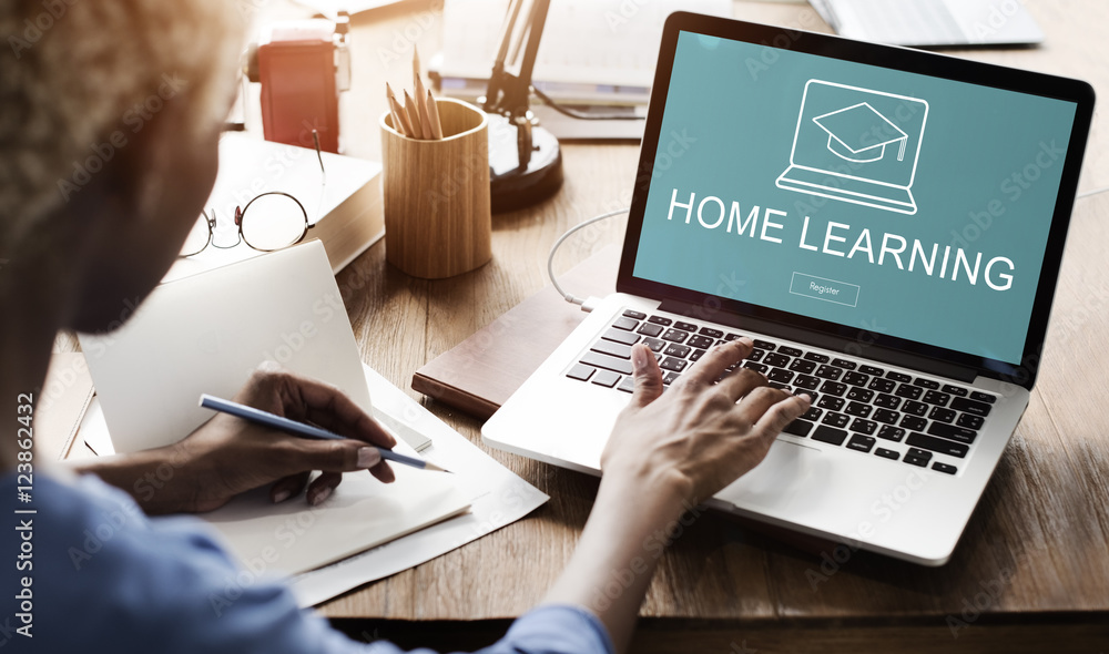 Poster home learning webpage register button concept