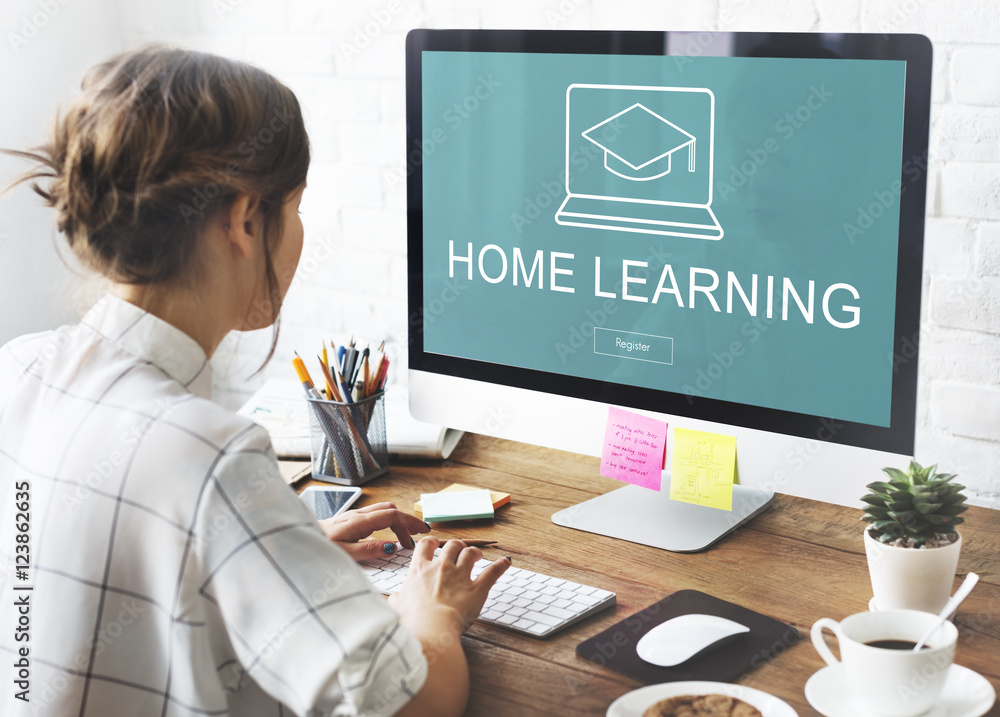 Poster home learning webpage register button concept
