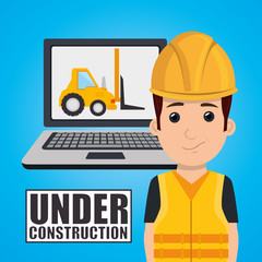 Obraz na płótnie Canvas avatar man worker with yellow helmet safety equipment and computer device. website under construction design. vector illustration