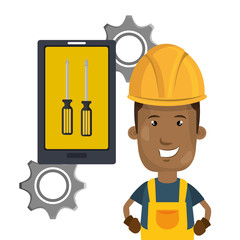 avatar construction worker with yellow helmet safety equipment and smartphone with screwdrivers on screen . vector illustration