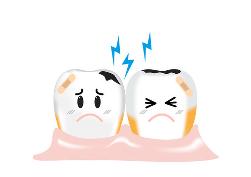Two dirty teeth are painful from decay and plaque, vector illustration