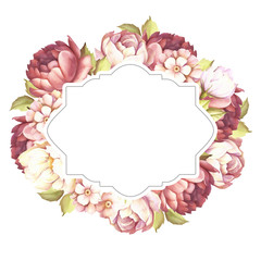 Frame with roses. Hand draw watercolor illustration