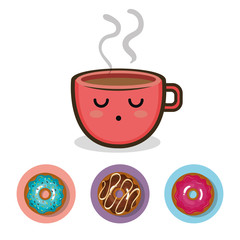 red coffee cup kawaii cartoon and sweet donuts over white background. colorful design. vector illustration