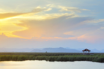 Abstract background of beautiful silhouette scenery during time the sunset and the beautiful colorful sky at Khao Sam Roi Yot National Park in Thailand is a very popular for photographers and tourists