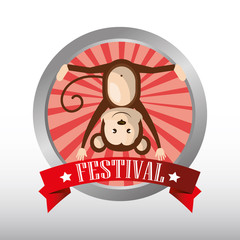 button with ribbon and happy monkey circus festival  show icon over white background. colorful design. vector illustration