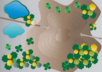 Top View of Diesel Railcar train and tunnel under  mountain