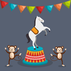 happy monkeys and horse circus festival show over gray background. colorful design. vector illustration