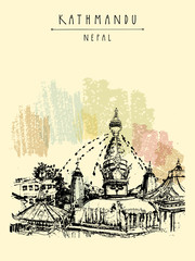 Fototapeta premium Swayambhu temple in Kathmandu, Nepal, before the earthquake. Travel sketch. Artistic hand drawing. Vertical vintage touristic postcard, poster, book illustration