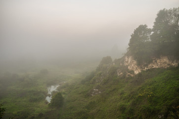 Morning over Vistula river valley covered with the mists near Krakow, Poland