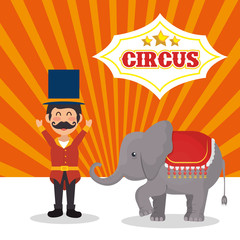 circus elephant and happy man festival show over white and orange background. colorful design. vector illustration