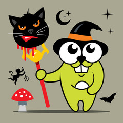 Vector Halloween Crazy Rabbit in witch hat Cartoon Illustration.