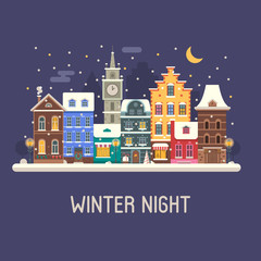 Winter night city background. Snowy Christmas street flat landscape with colorful european houses and New Year decorations. Christmas night europe city winter card with building facades and snowfall.