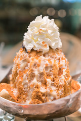 milk tea shaved ice with jelly and whipped cream