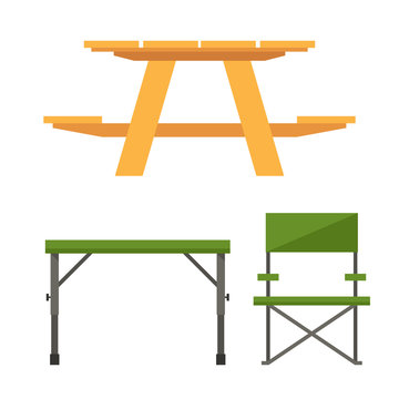 Colorful wooden camping table and plastic picnic table vector illustration.