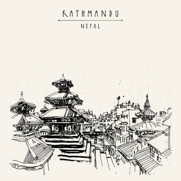 Durbar square Hindu temples in Basantapur, Kathmandu, Nepal, before earthquake. Travel sketch. Hand drawing. Vintage touristic postcard, poster, book illustration in vector