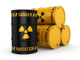 3D rendering Yellow and black radioactive barrels