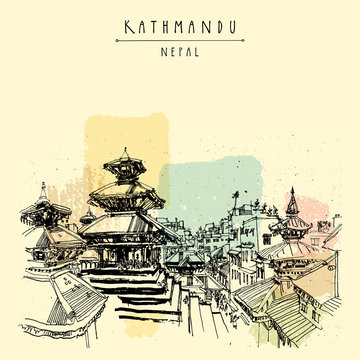 Durbar square Hindu temples in Basantapur, Kathmandu, Nepal, before earthquake. Travel sketch. Hand drawing. Vintage touristic postcard, poster, book illustration