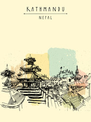 Naklejka premium Durbar square. Hindu temples in Basantapur, Kathmandu, Nepal, before earthquake. Travel sketch. Hand drawing. Vintage touristic postcard, poster, book illustration in vector