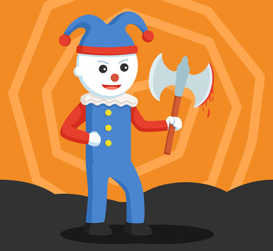 evil clown holding bloody axe