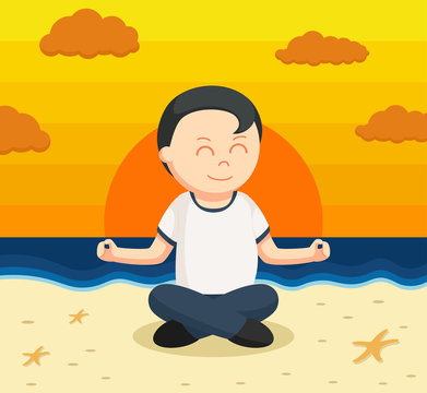 healthy fat man meditate in a beach