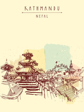 Durbar square Hindu temples in Basantapur, Kathmandu, Nepal, before earthquake. Travel sketch. Hand drawing. Vintage touristic postcard, poster, book illustration