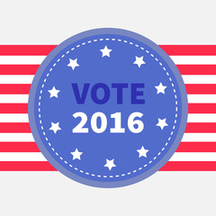 Blue badge with striped ribbon line. Award button icon. Star and strip President election day 2016. Voting concept. American flag. Isolated White background Card Flat design