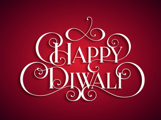 Happy Diwali. Handwritten modern brush white text swirl with shadow, red background. Beautiful lettering invitation, greeting, posters. Typographic inscription, calligraphic design vector illustration
