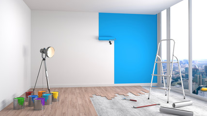 Repair and painting of walls in room. 3D illustration.