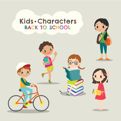 happy children reading books back to school cartoon illustration