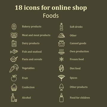 Set of icons of different food for the food section in the onlin