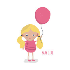 Cute little baby girl with balloon. Girl in pink costume holding a balloon. Vector childish illustration.