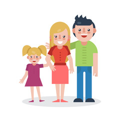 Young parents flat vector illustration. Young family on white background. Mother, father and daughter flat illustration. Family vector. Parents with child.