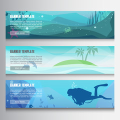 Underwater horizontal banners.Horizontal banners with scenes presents ocean,sea animals,island,diving.Colorful low polygon banner set.Island in the ocean and underwater world with different animals