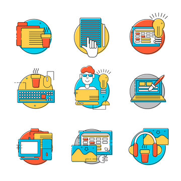 HTML coder icons set. Colorful creative HTML line icons in circles. Vector illustrations for business, corporate design, computer store. HTML line style design. Icons for web, print and mobile.