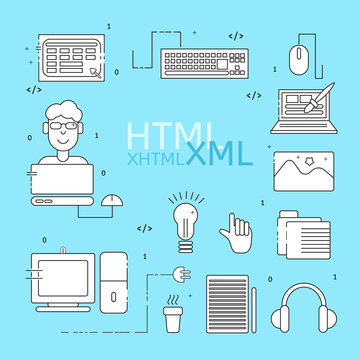 HTML coder icons set. White HTML line icons. Vector illustrations for business, corporate design, computer store.