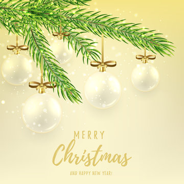 Merry Christmas gift card with glass balls. Elegant vector illustration for xmas design. Happy New Year background with fir branch and shining light.