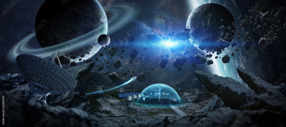 Poster observatory station in space 3d rendering elements of this image
