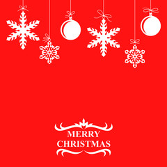 Fototapeta na wymiar Christmas balls and snowflakes card on red background
