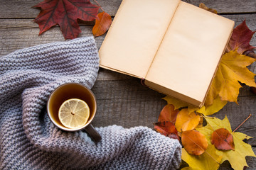 Mug of tea, cozy knitted scarf, autumn leaves, open book and pumpkin on wooden board. Autumn still life, vintage style. Flat lay.