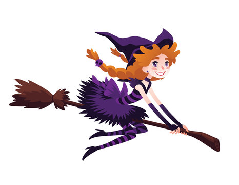Cute redhead witch flying on a broom and smiling.