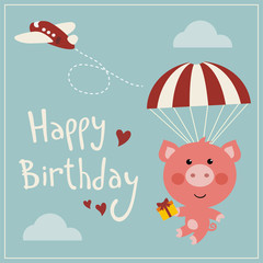 Happy birthday! Funny pig flying on parachute with gift. Сard in cartoon style.
