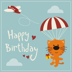 Happy birthday! Funny kitten cat flying on parachute with gift. Сard in cartoon style.
