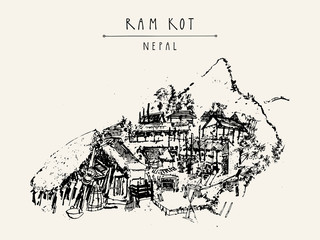 Ram Kot village in Nepal. Traditional Nepalese houses in the Himalayan mountains. Trekking destination. Vintage touristic postcard or poster © babayuka