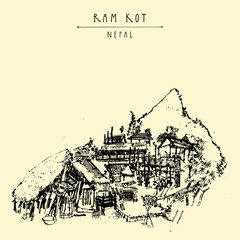 Ram Kot village in Nepal. Traditional Nepalese houses in the Himalayan mountains. Trekking destination. Vintage touristic postcard in vector © babayuka