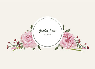 Romantic floral card with vintage flowers invitation and circle label .Vector Illustration