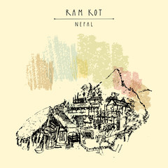 Ram Kot village in Nepal. Traditional Nepalese houses in the Himalayan mountains. Trekking destination. Vintage touristic postcard © babayuka