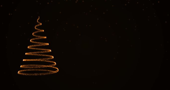Growing christmas tree from glowing particles with falling snowflakes on dark background