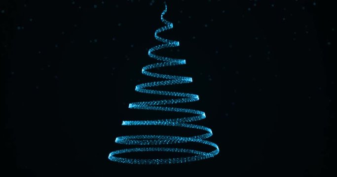 Growing christmas tree from glowing particles with falling snowflakes on dark background