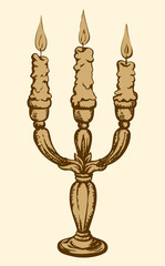 Three candle in elegant candlestick. Vector sketch